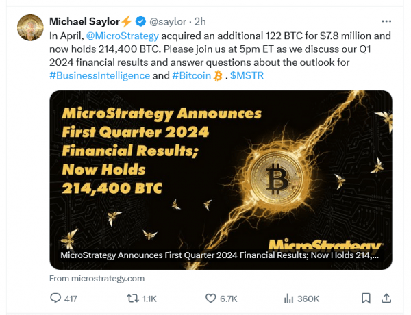 Чистый убыток MicroStrategy в первом квартале достиг $53,1 млн, но покупка Биткоин продолжается