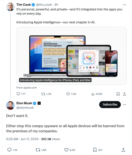 Илон Маск запретит устройства Apple, если OpenAI будет интегрирован в ОС