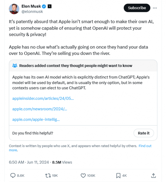 Илон Маск запретит устройства Apple, если OpenAI будет интегрирован в ОС