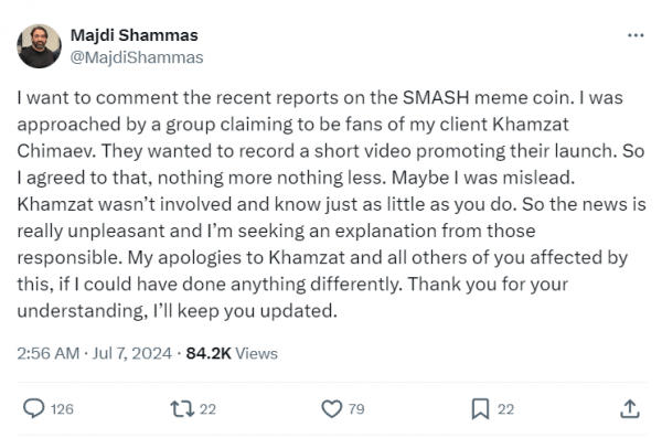 Хамзат Чимаев &laquo;не имел отношения&raquo; к мемкоину SMASH &mdash; менеджер