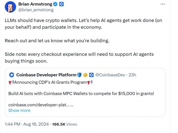 Генеральный директор Coinbase Брайан Армстронг: ИИ &laquo;должен иметь криптовалютные кошельки&raquo;