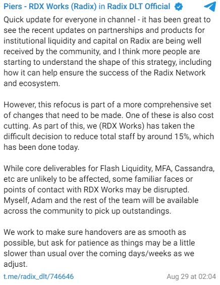 Команда Radix сети DeFi сокращает 15% персонала, ссылаясь на необходимость «переориентации»