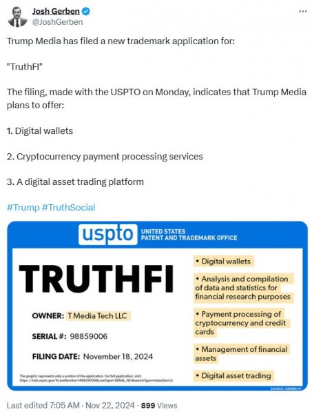 Trump Media намекает на торговлю криптовалютой и платежи в заявке на товарный знак TruthFi Trump Media намекает на торговлю криптовалютой и платежи в заявке на товарный знак TruthFi