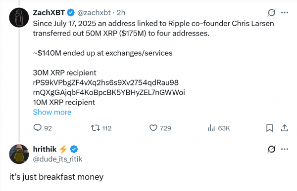 Соучредитель Ripple переходит 175 миллионов долларов США, рисуя критику по времени времени