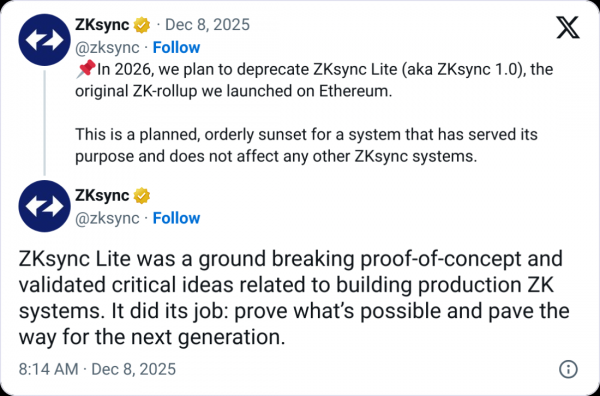 Ethereum ZK-Rollup, ZKsync Lite прекратит поддержку в 2026 году