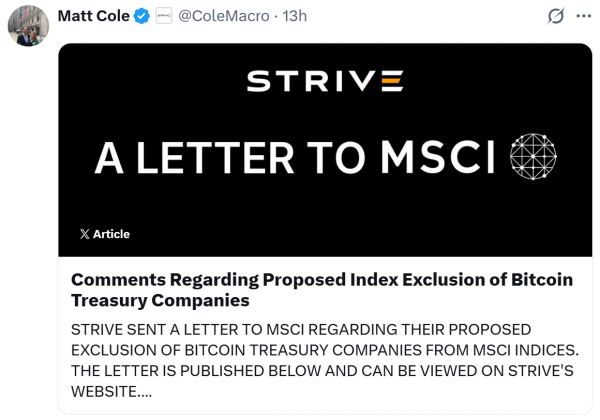 Strive призывает MSCI переосмыслить исключение биткоин-компаний