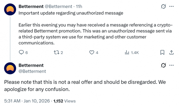 Betterment предупреждает пользователей после продвижения фейковой криптовалюты, обещая тройную прибыль Betterment предупреждает пользователей после продвижения фейковой криптовалюты, обещая тройную прибыль