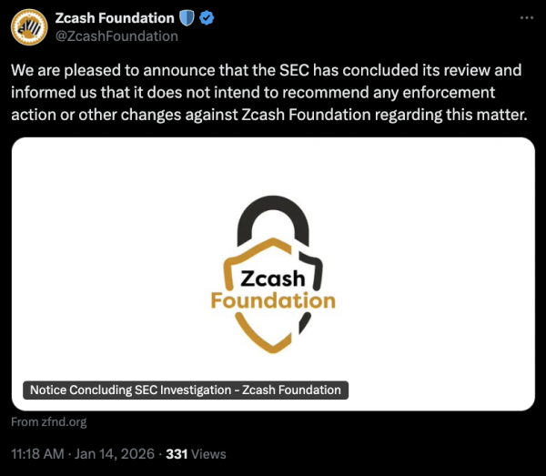Zcash Foundation: SEC закрыла расследование 2023 года по поводу Privacy Coin