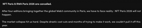 NFT Paris отменяет конференции: «Обвал рынка сильно ударил по нам» NFT Paris отменяет конференции: «Обвал рынка сильно ударил по нам»