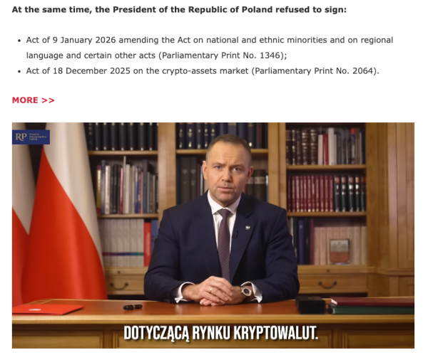 Президент Польши наложил вето на законопроект о криптовалюте, поскольку фирмы ищут лицензии MiCA за рубежом