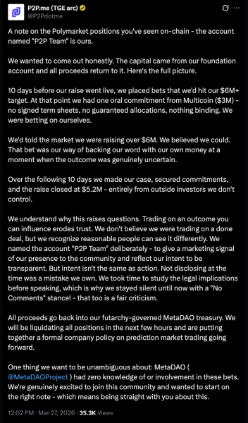 Команда P2P. me раскрывает ставки Polymarket, связанные с раундом финансирования