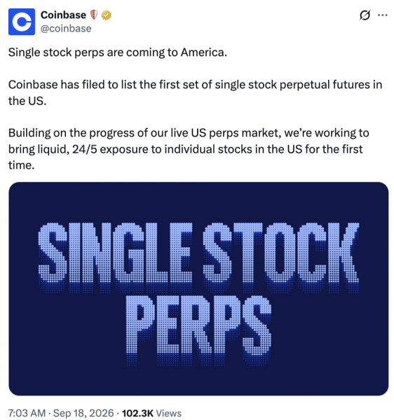 Coinbase стремится получить разрешение на запуск бессрочных фьючерсов на акции в США