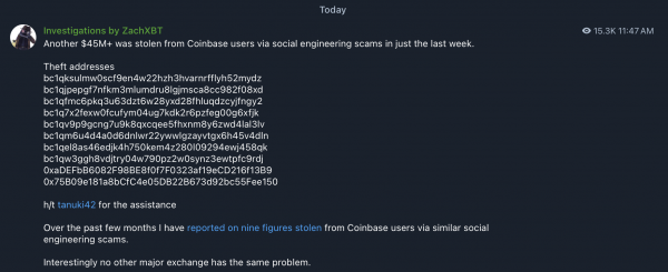 45 миллионов долларов украдены у пользователей Coinbase на прошлой неделе – Zackxbt 45 миллионов долларов украдены у пользователей Coinbase на прошлой неделе – Zackxbt